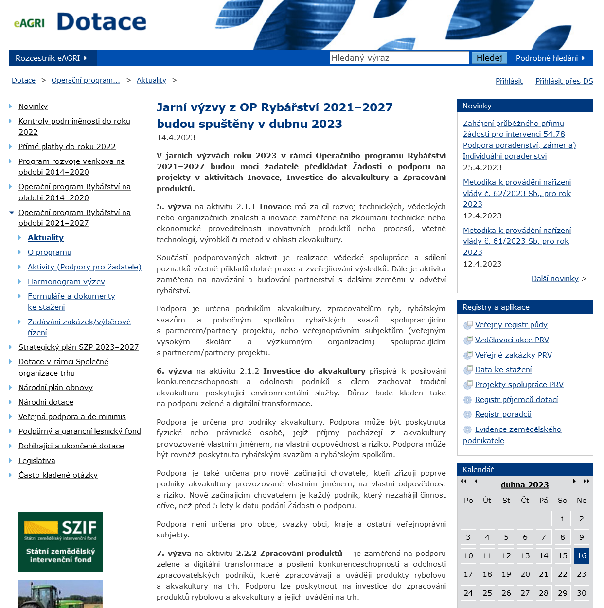 Jarní výzvy z OP Rybářství 2021–2027 budou spuštěny v dubnu 2023